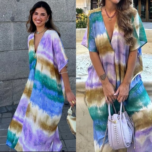 Zara Multicolored Tie Dyed Caftan Tunic Maxi Dress Blogger’s Favorite Fave - Picture 7 of 14